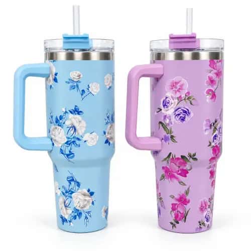 Vaso térmico con manija y sorbete flores 1200ml TT-01