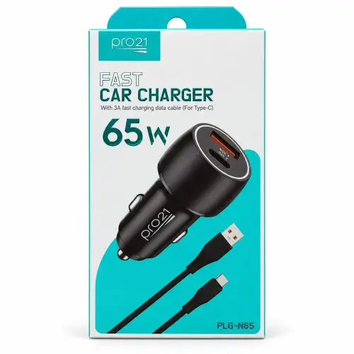 Cargador auto PRO21 65W PLG-N65 2 USB A/C + cable tipo C
