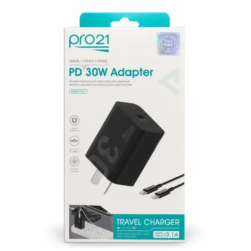 Cargador PRO21 negro tipo C 30W 3.1A c/cable
