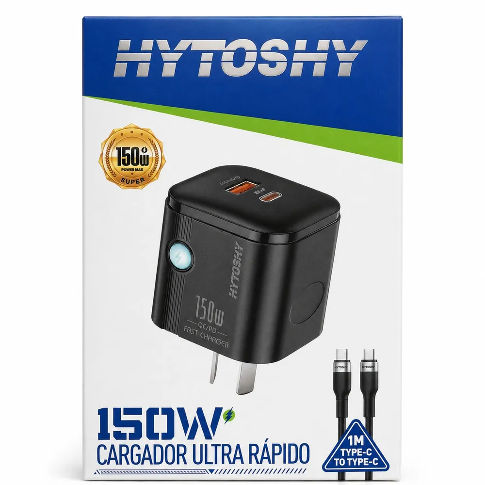 Cargador USB A/C 150W patas oblicuas c/cable tipo C hytoshy