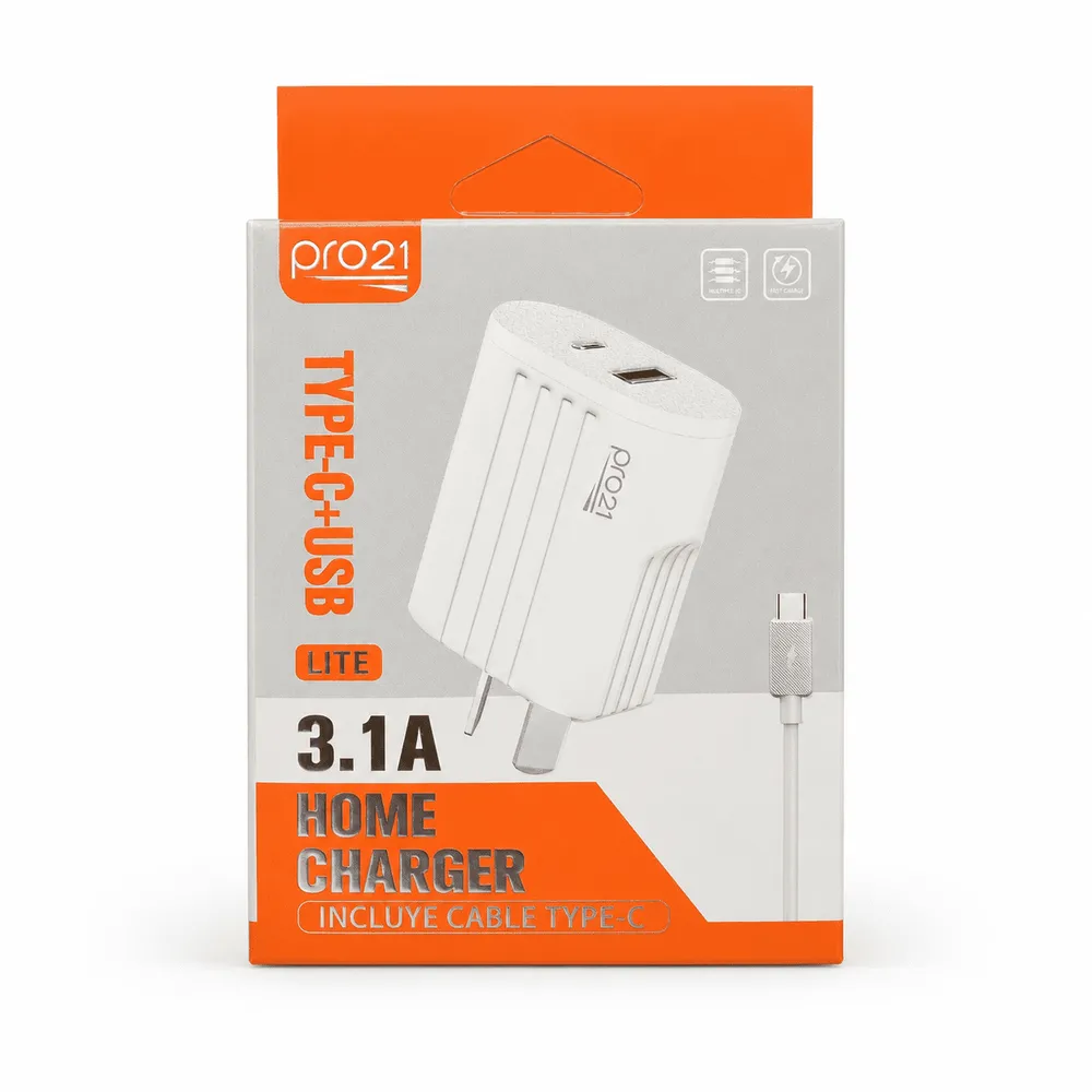 Cargador PRO21 Lite P-31 3.1A USB A/C + cable tipo C caja naranja