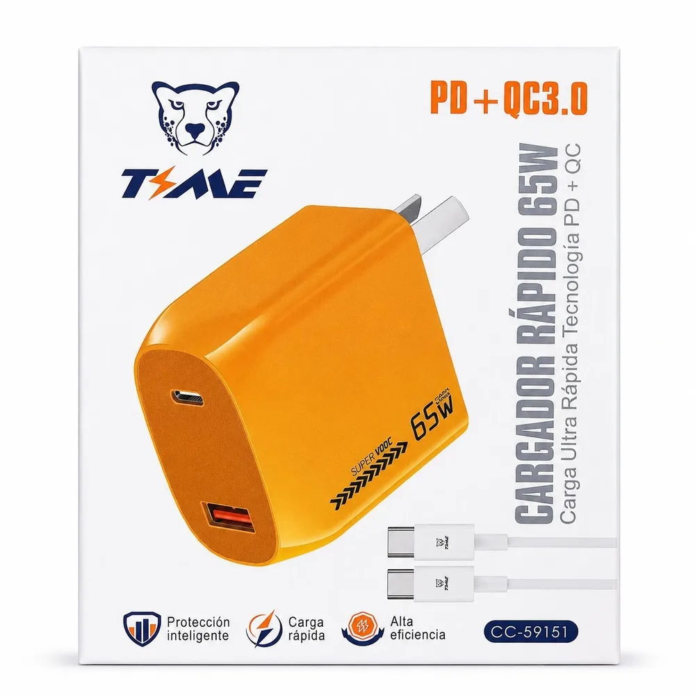 Cargador 2 USB A/C con cable tipo C 65W CC-59151